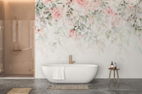 Ethereal Rose Garden mural of cascading pink roses behind a white freestanding bathtub in a bathroom