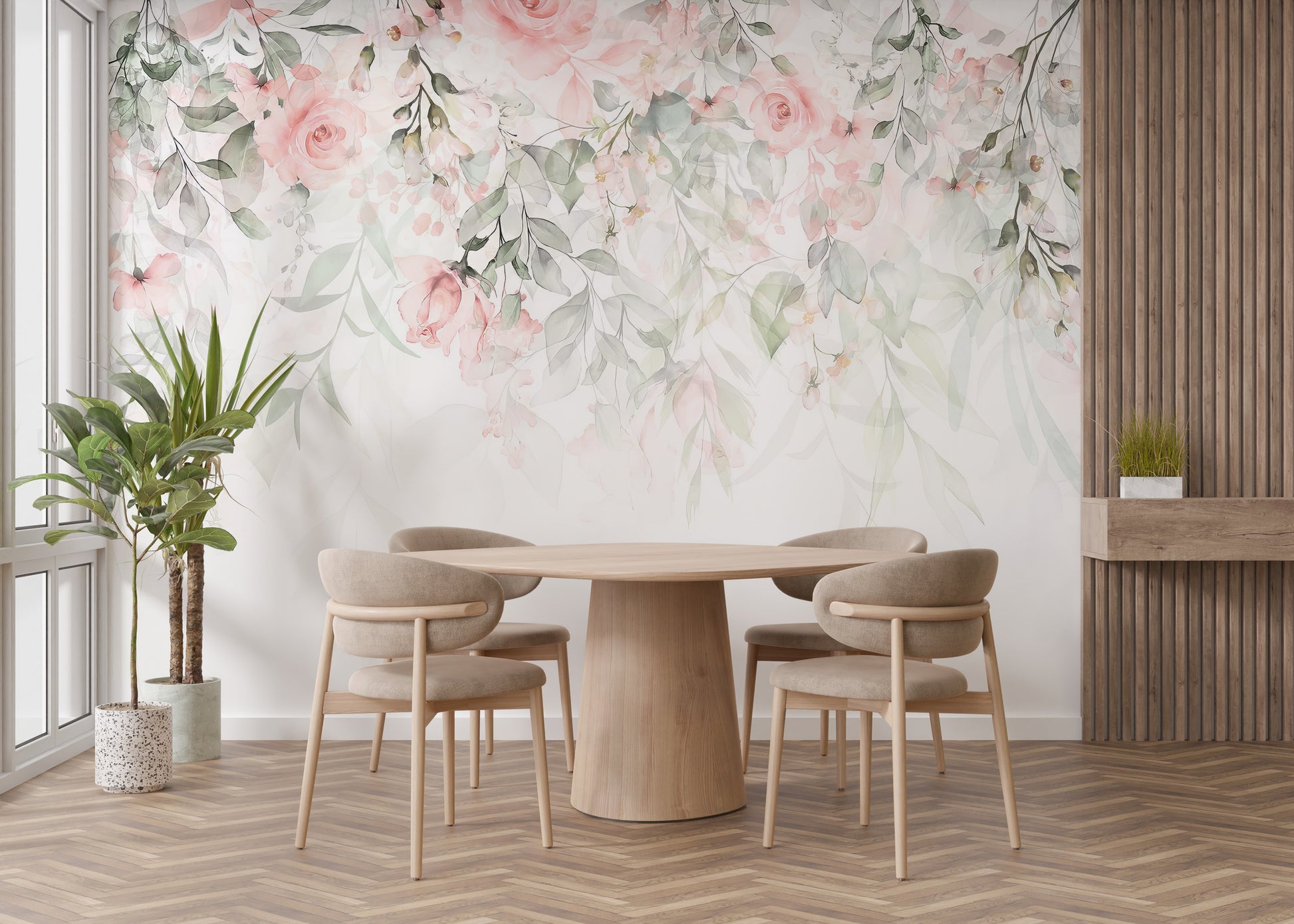 Ethereal Rose Garden mural of pink watercolor roses and greenery above a round wooden dining table