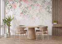 Ethereal Rose Garden mural of pink watercolor roses and greenery above a round wooden dining table