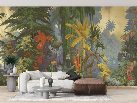 Vibrant Jungle wallpaper mural with yellow banana palms and red blooms behind a white sofa in a living room