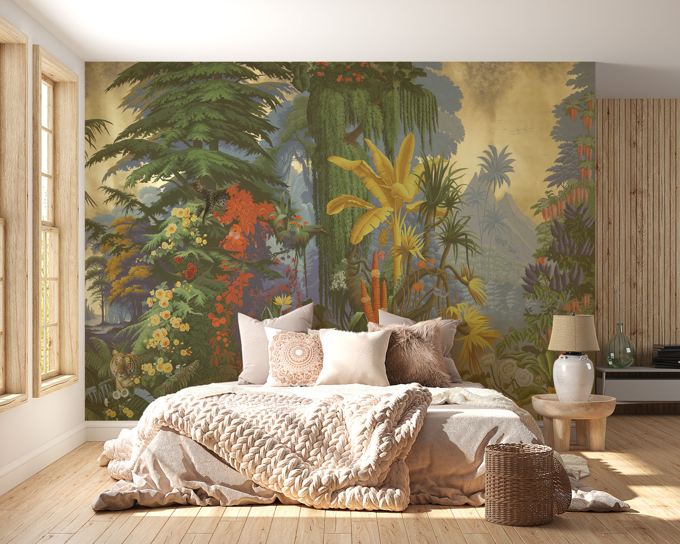 Vibrant jungle mural wallpaper featuring exotic foliage.