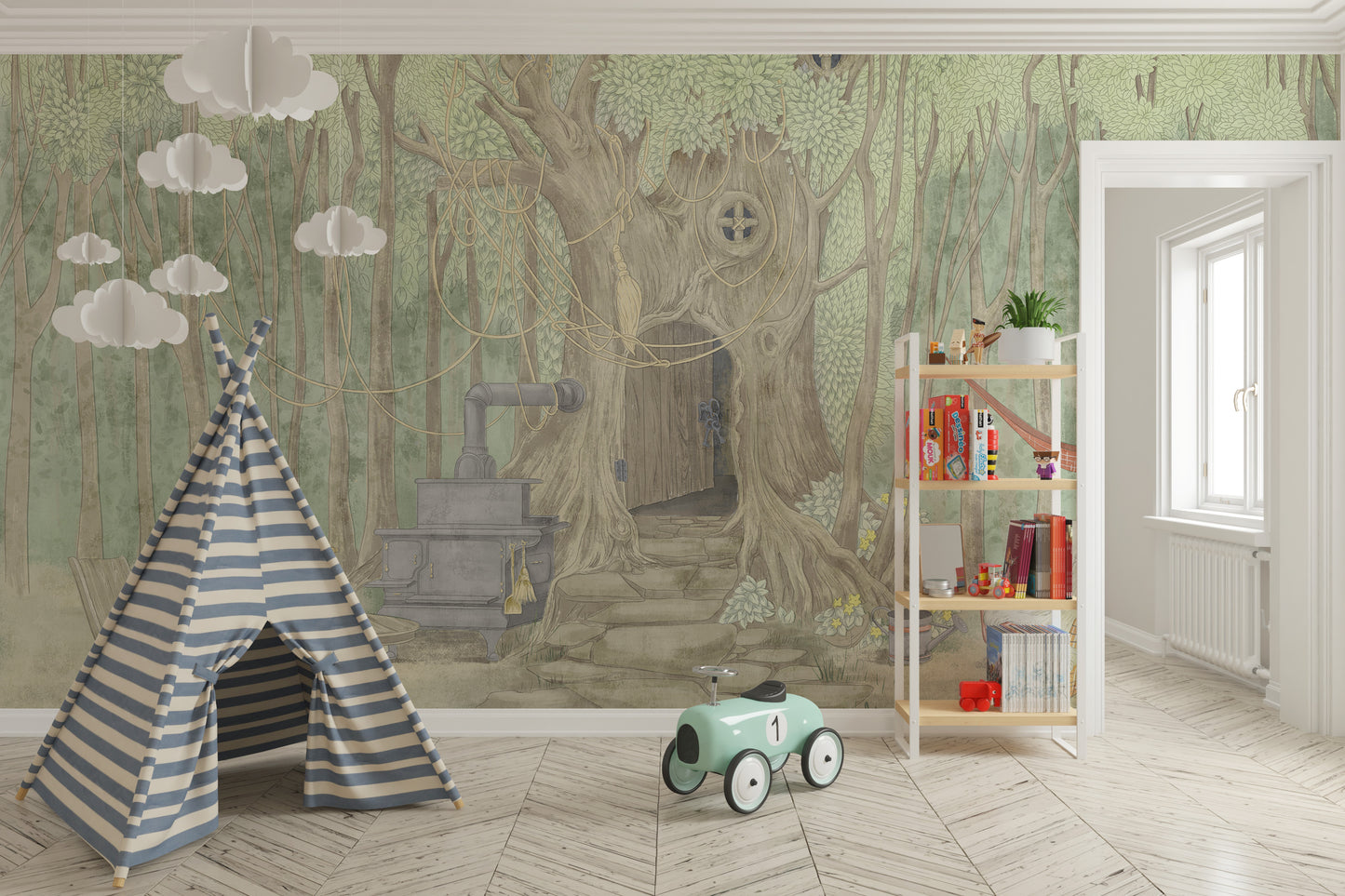 Fairyland Cascade mural of an enchanted forest tree behind a striped teepee and mint toy car in a child's room