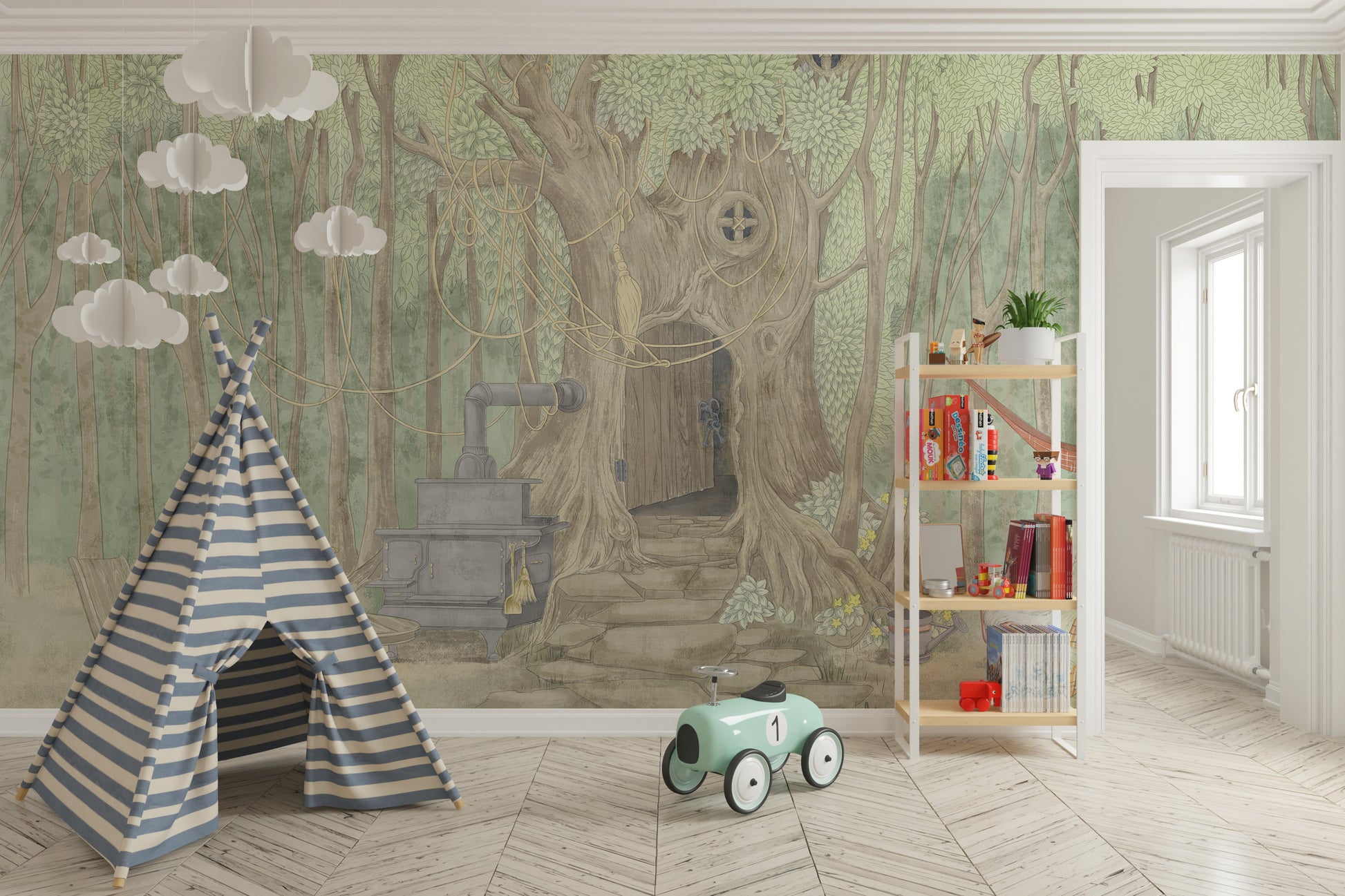 Fairyland Cascade mural of an enchanted forest tree behind a striped teepee and mint toy car in a child's room