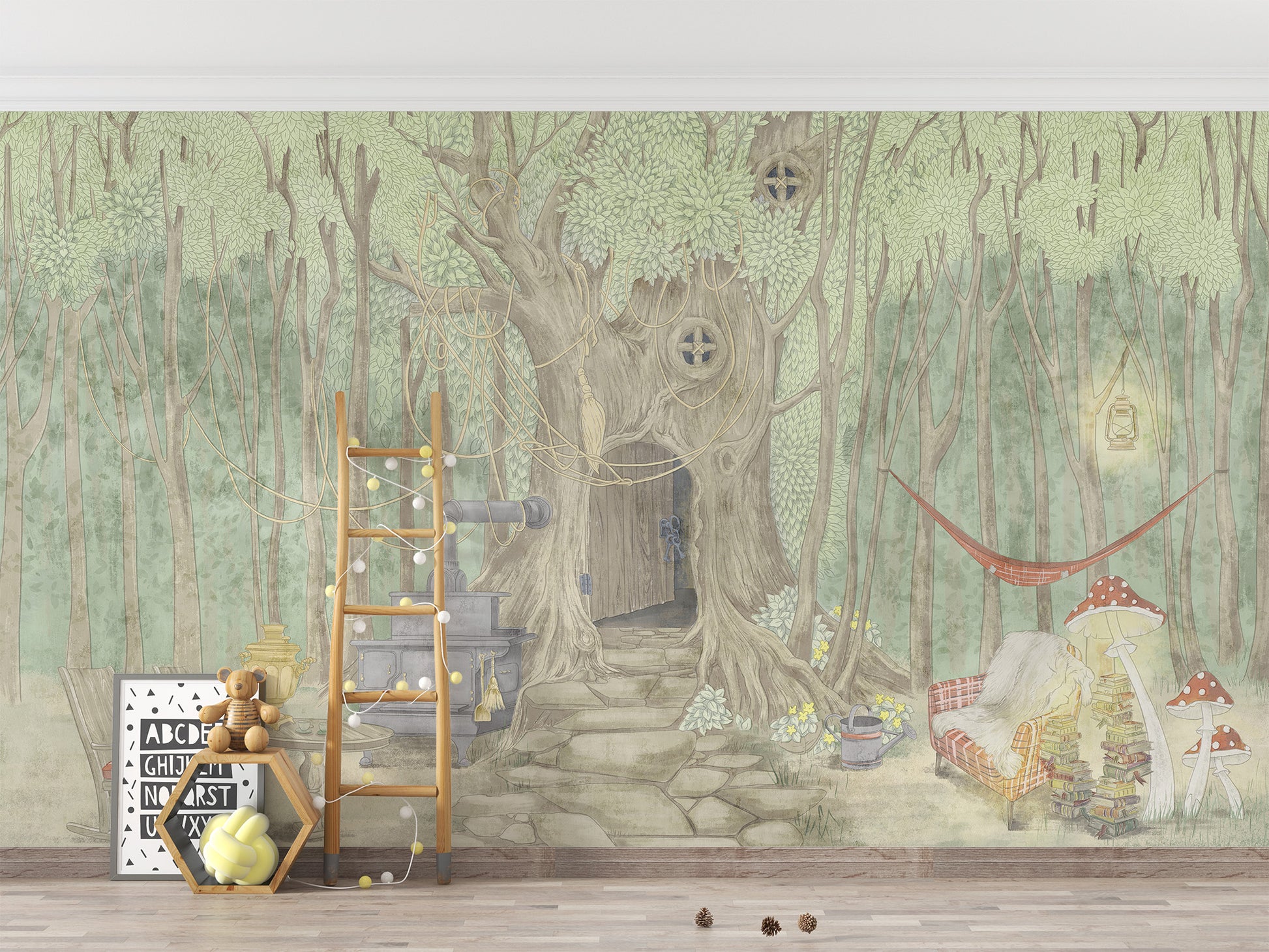 Fairyland Cascade mural of a green forest tree house behind a wooden ladder shelf and teddy bear in a kids room