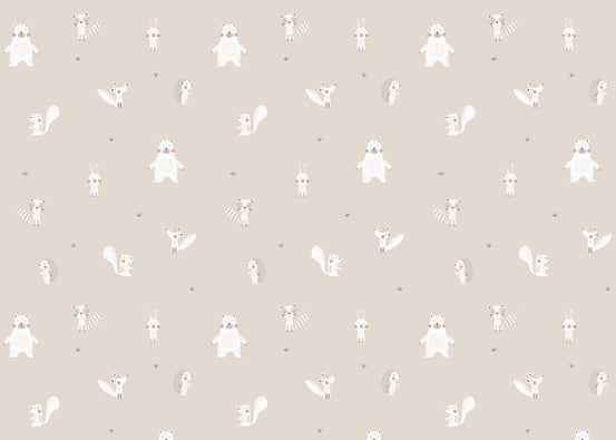 Forest Animals Beige Wallpaper featuring deer, rabbits, and foxes in a neutral tone.