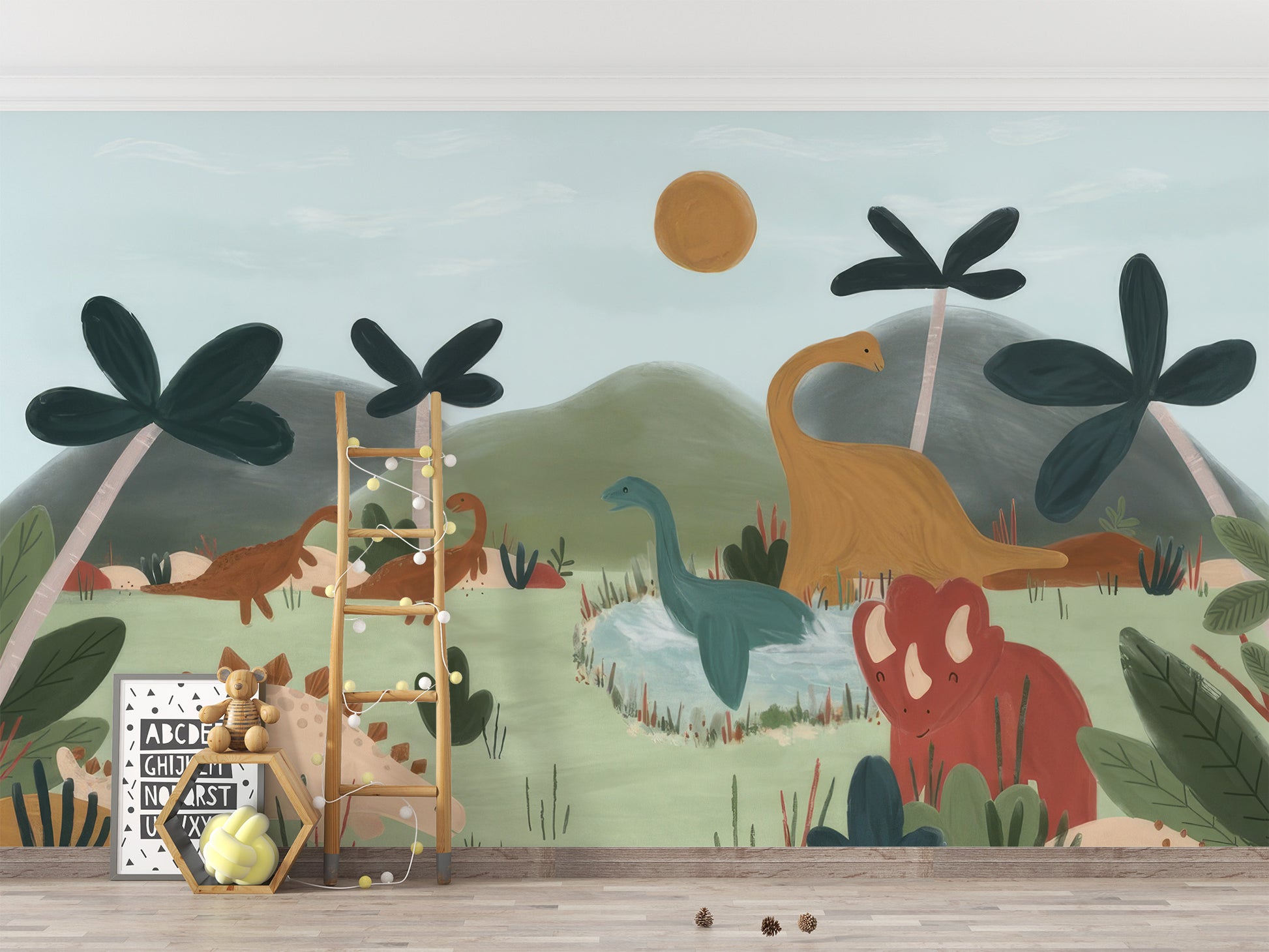 Gentle Giants wallpaper mural of dinosaurs under a gold sun beside a wooden ladder and teddy bear in a kids room