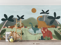 Gentle Giants wallpaper mural of dinosaurs under a gold sun beside a wooden ladder and teddy bear in a kids room