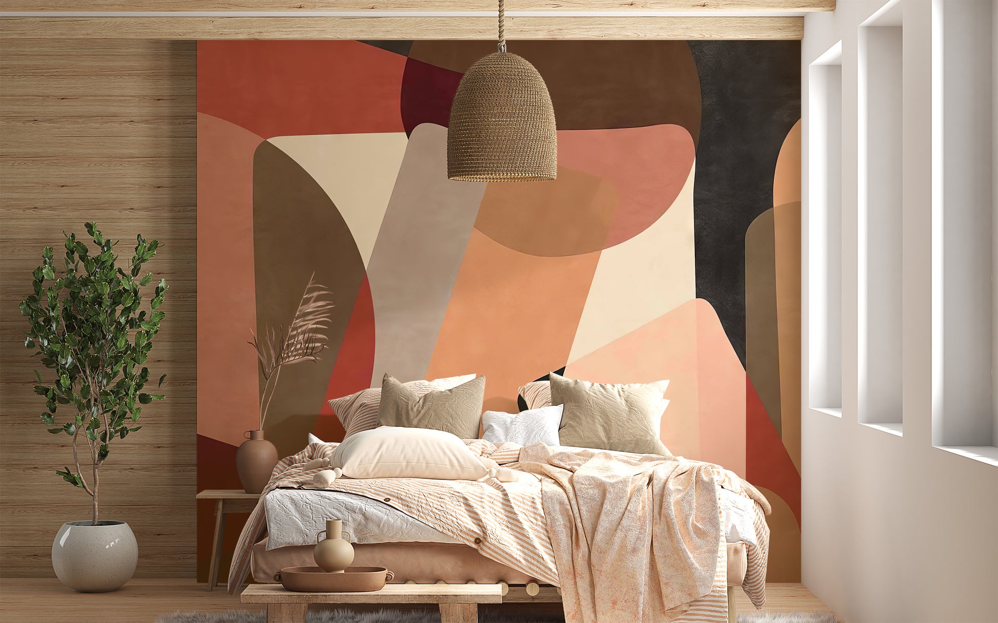 Peel and stick Geometric Fusion Wall Mural in a boho-inspired bedroom with a natural wood bed frame and woven lamp.