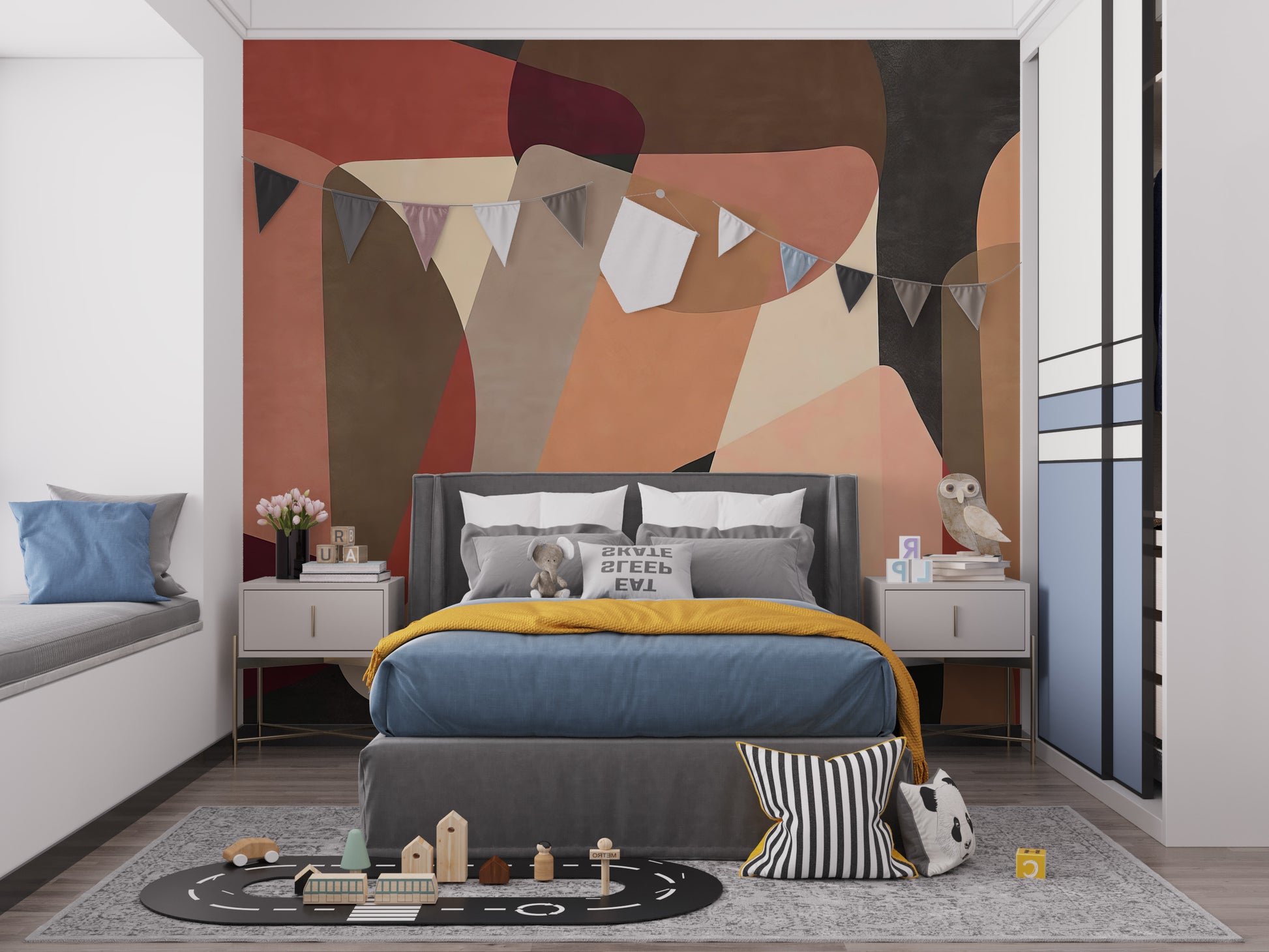 Temporary Geometric Fusion Wall Mural for a cozy bedroom makeover featuring a built-in window seat and neutral decor.
