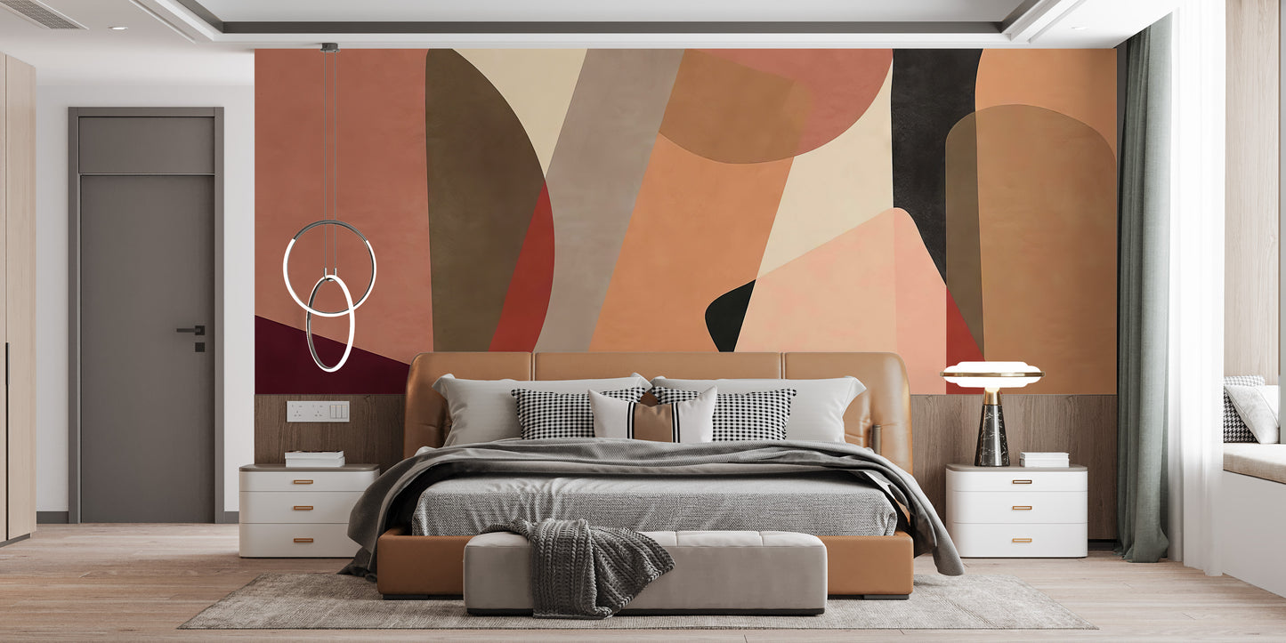 Removable Geometric Fusion Wall Mural in a clean, white minimalist bedroom setup for a damage-free art update.