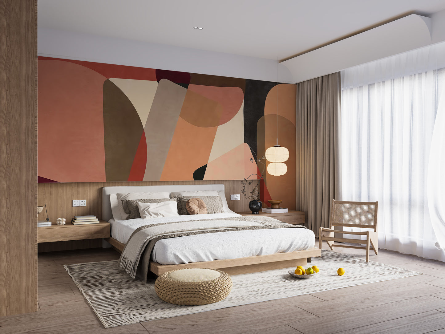 Removable self adhesive Geometric Fusion Wall Mural in a spacious master bedroom with a large window and grey rug.