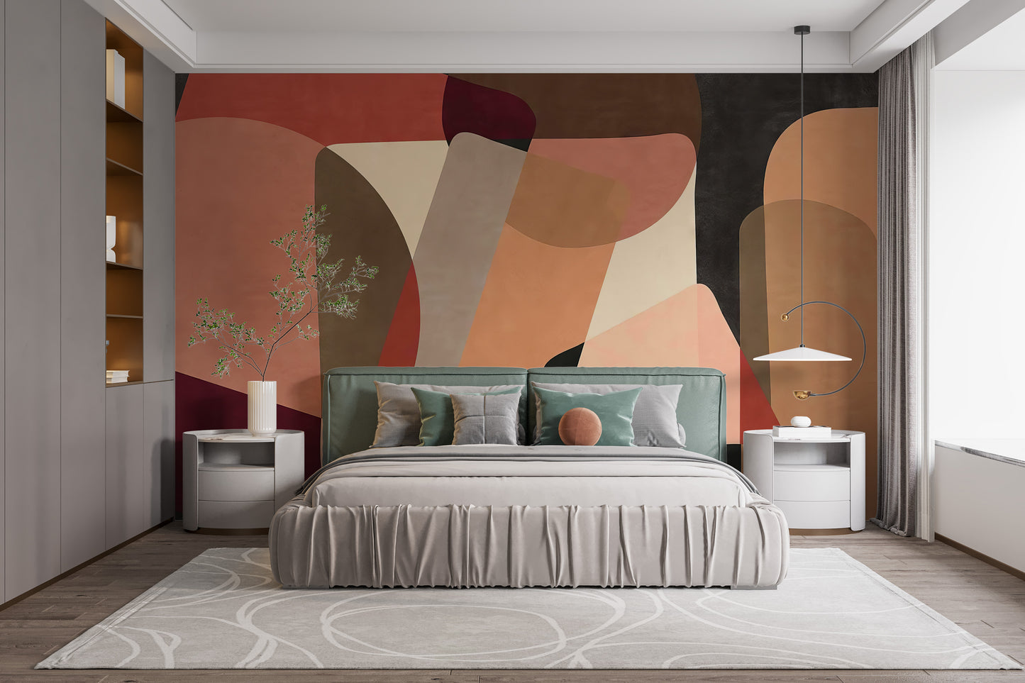 Standard finish Geometric Fusion Wall Mural as a headboard alternative in a bedroom with green accent pillows and decor.