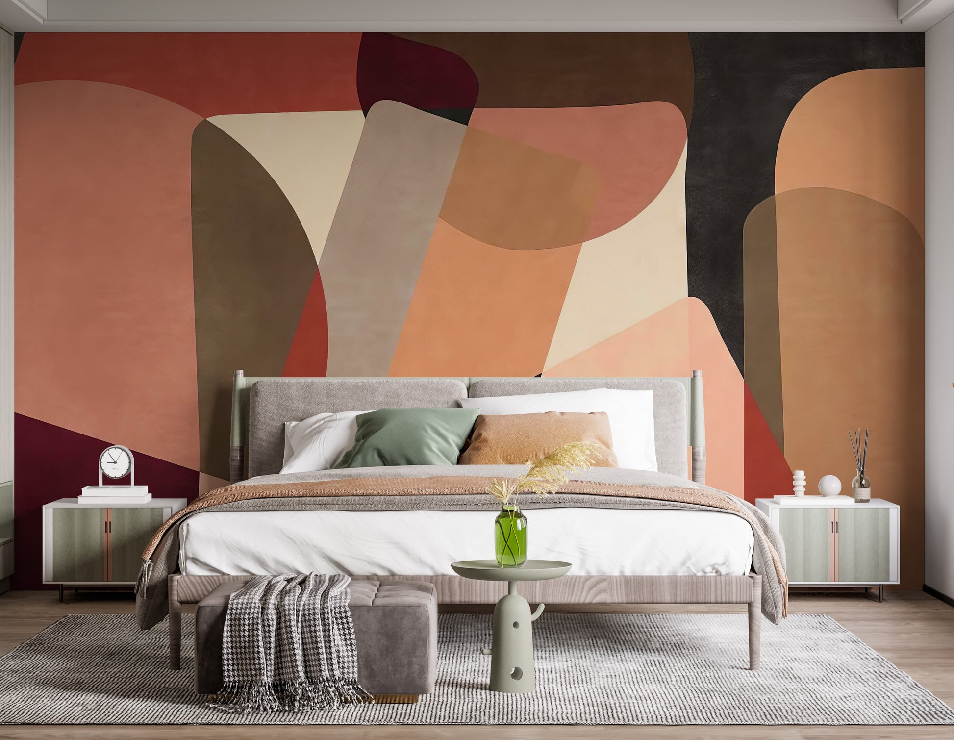 Premium Geometric Fusion Wall Mural installed in a contemporary bedroom with a grey bed frame and a long wooden bench.