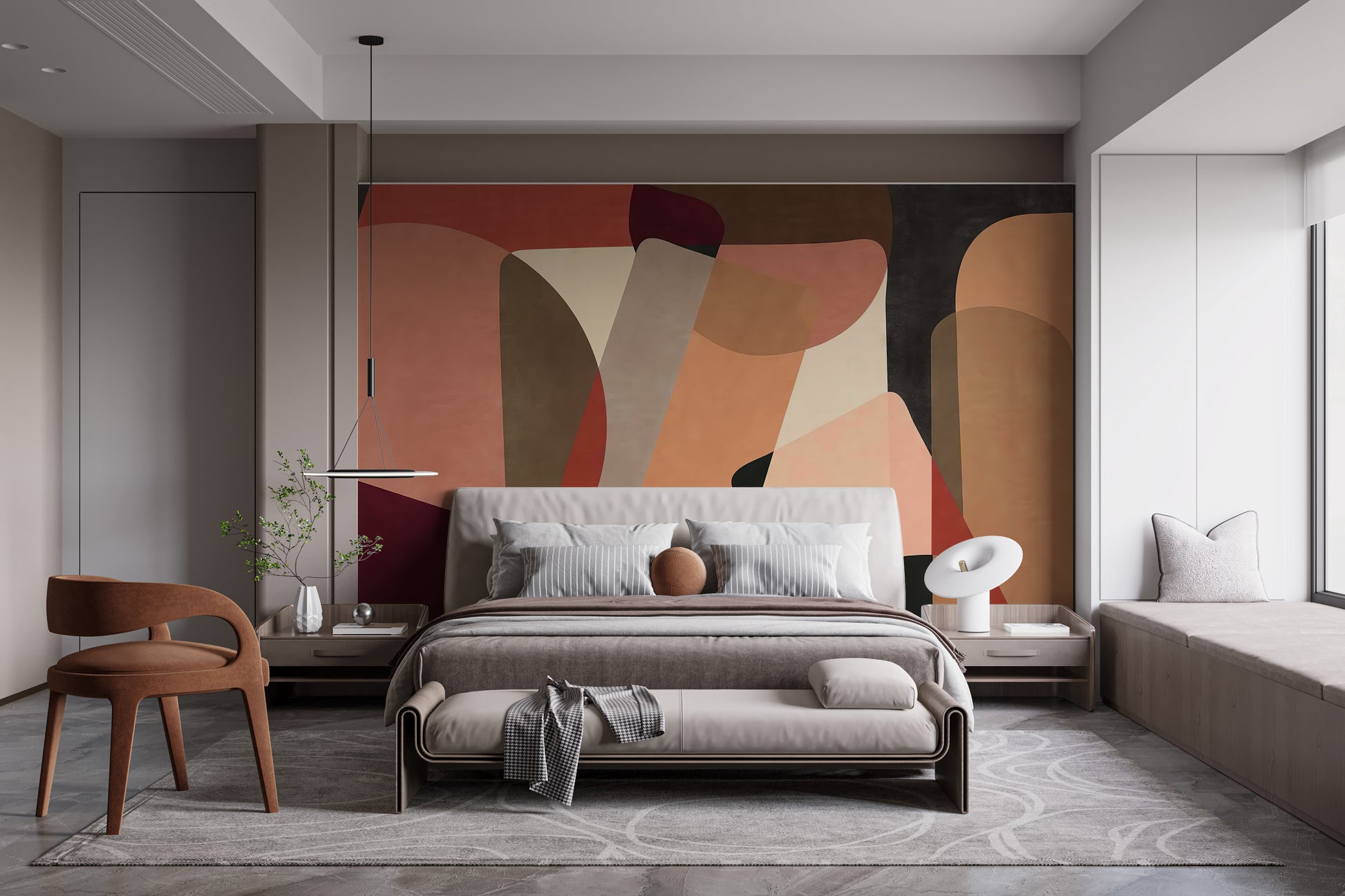 Geometric Fusion Wall Mural on canvas texture in a minimalist bedroom featuring a wooden chair and neutral bedding.