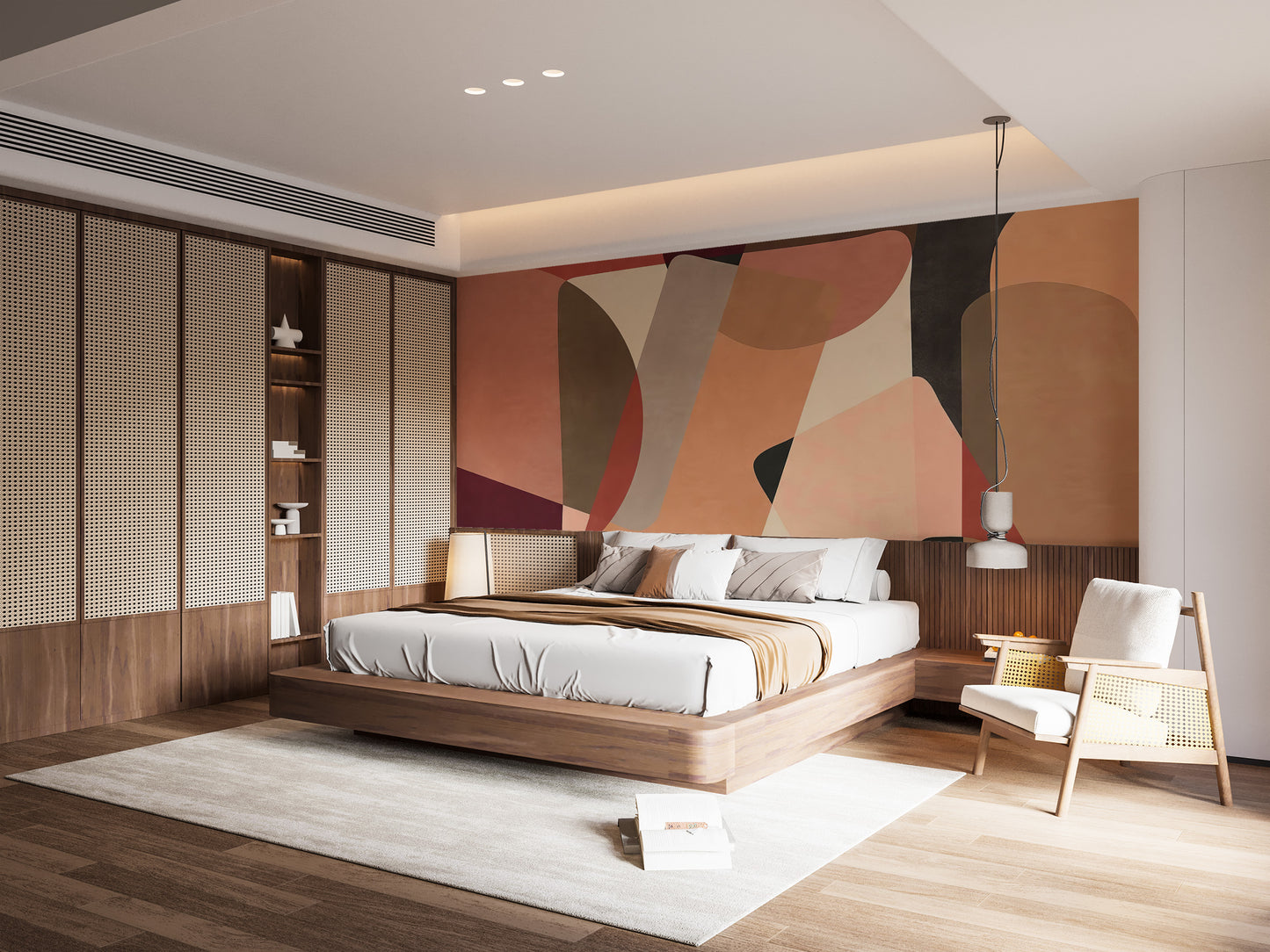 Modern bedroom with Geometric Fusion Wall Mural in peel and stick material for a stylish, abstract accent wall.