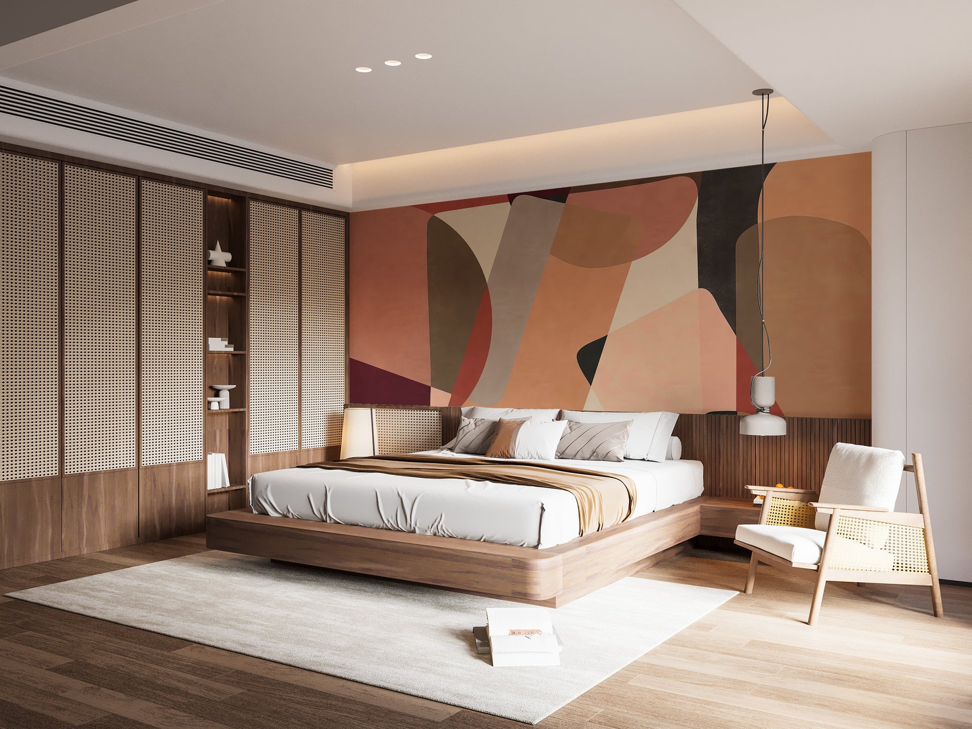 Modern bedroom with Geometric Fusion Wall Mural in peel and stick material for a stylish, abstract accent wall.