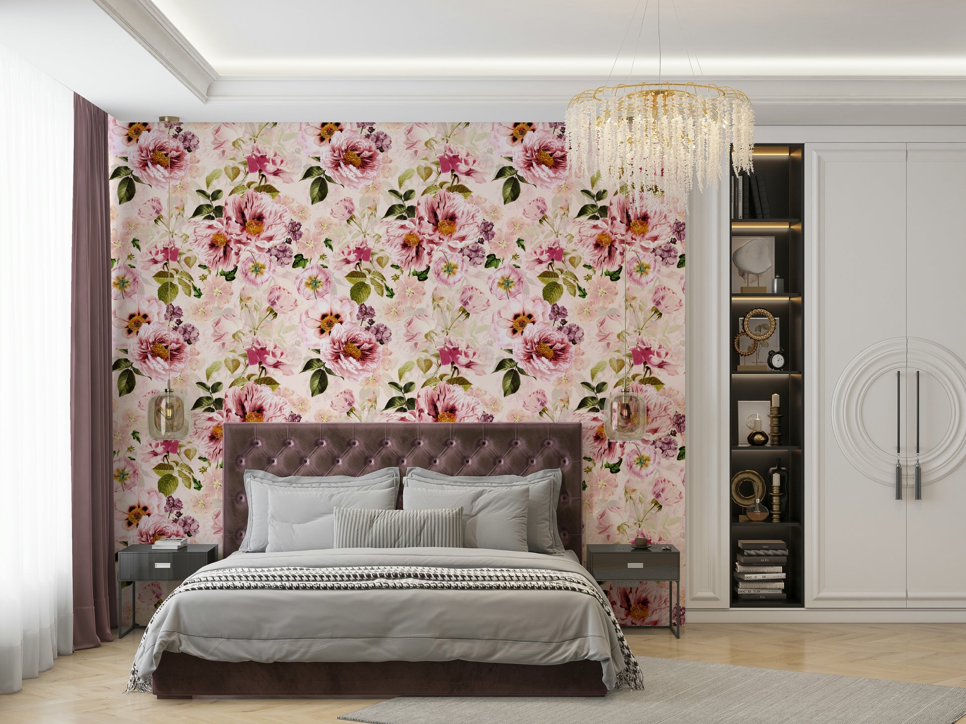 Grandmillennial dark wallpaper with intricate florals

