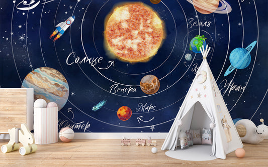 Stellar Orbit wallpaper mural with navy solar system and rocket beside a white teepee tent in a kids playroom