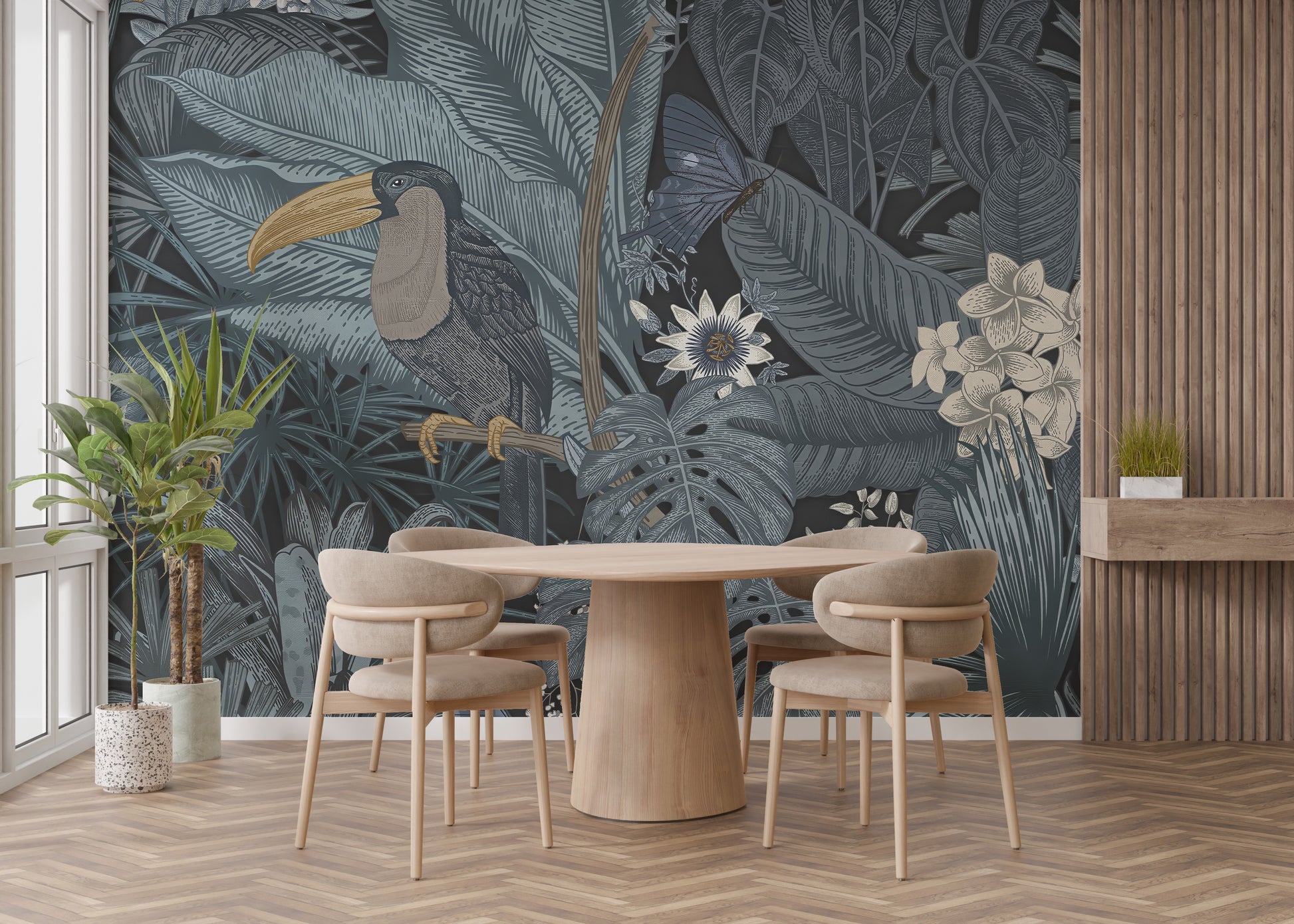 Tropical Toucan wall mural featuring a toucan in dark jungle foliage behind a round dining table and beige chairs