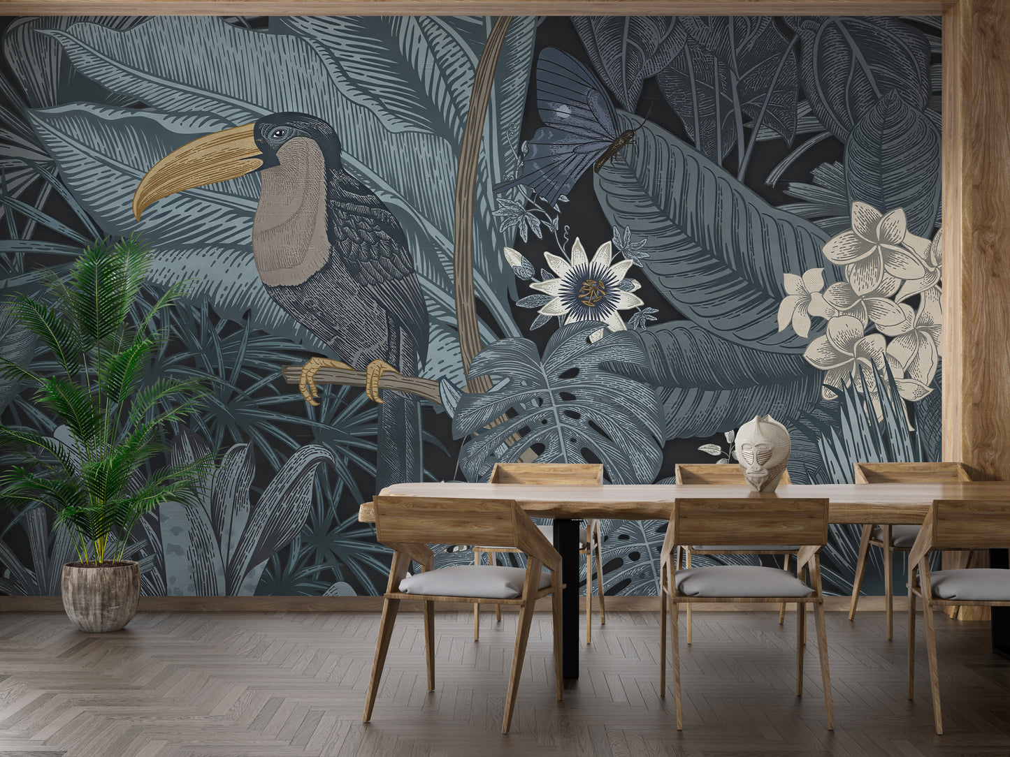 Tropical Toucan wall mural with a toucan and white passion flowers behind a wooden dining table and chairs