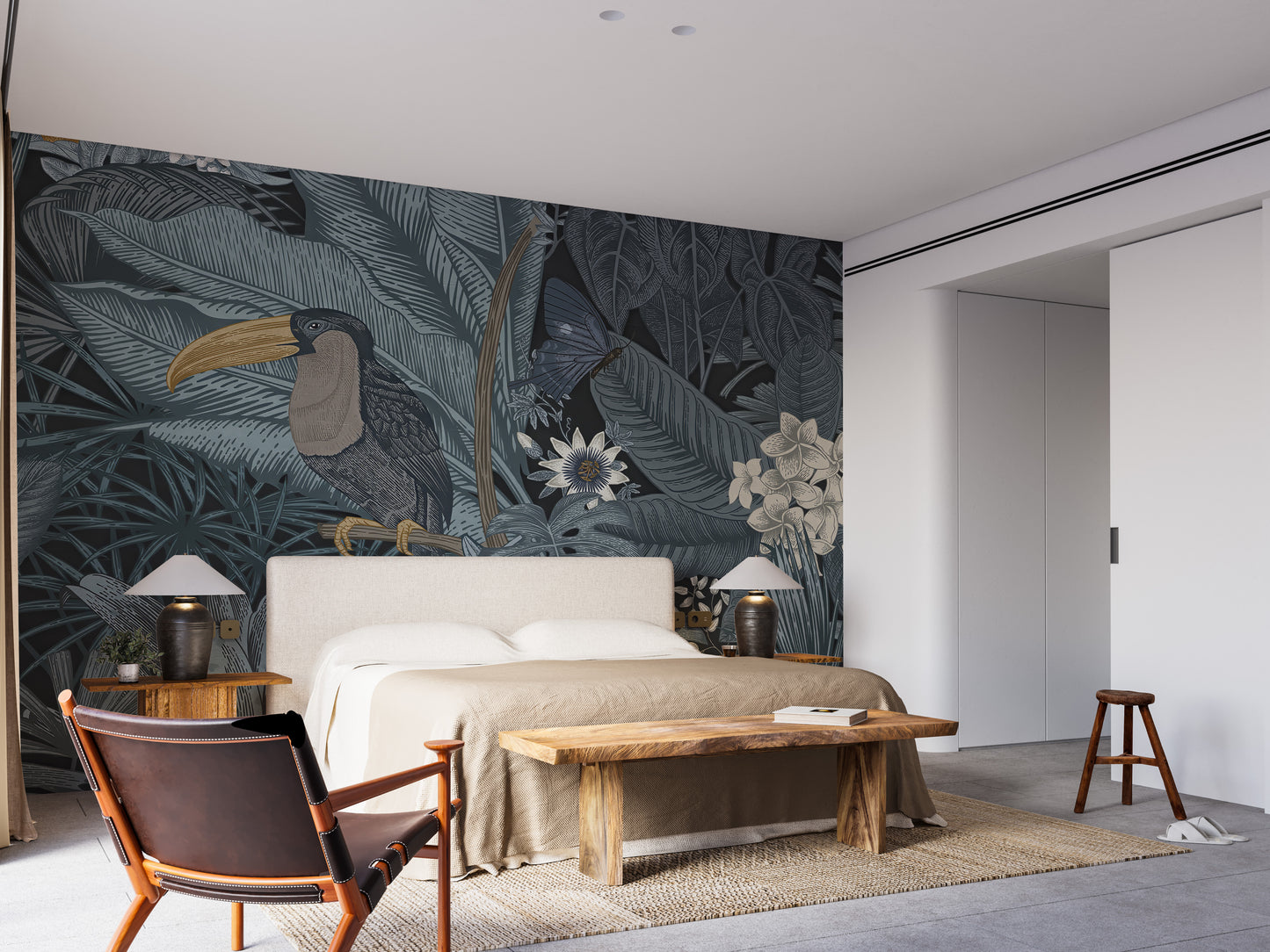 Tropical Toucan wall mural showing a toucan in moody blue foliage behind a cream bed in a serene bedroom