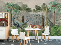 Mesozoic Mingle wallpaper mural of a jungle with dinosaurs in a playroom with bunny and bear-eared chairs