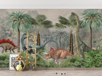 Mesozoic Mingle wallpaper mural of dinosaurs among palms with a stegosaurus and brachiosaurus in a playful kids room