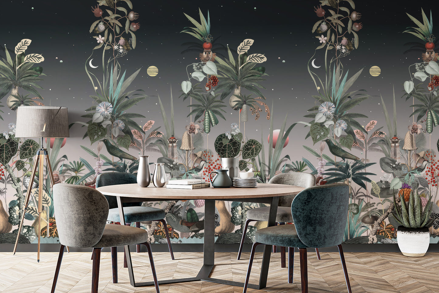 Sophisticated floral mural bringing warmth to an inviting dining area
