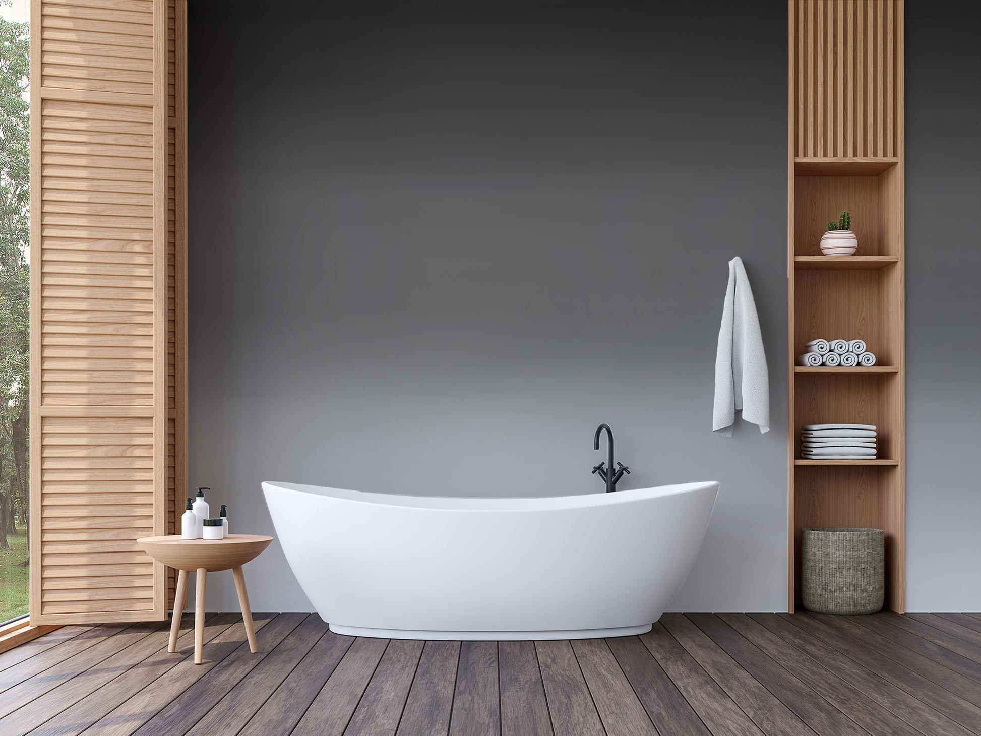 Mystic Dusk grey ombre wallpaper mural in a bathroom with white slipper tub and wood towel shelving