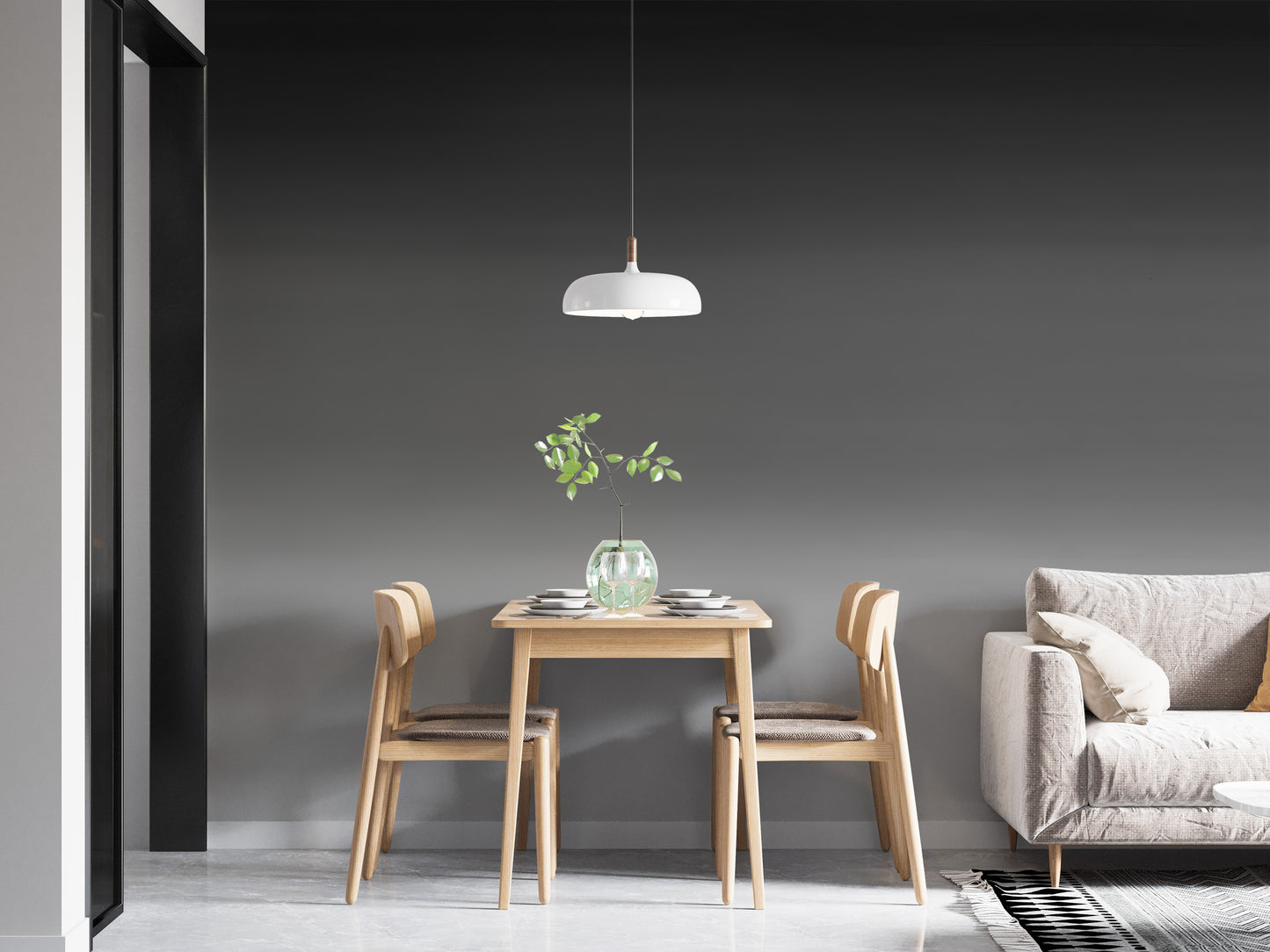 Mystic Dusk grey ombre wallpaper mural behind a light wood dining table and beige sofa in a dining area