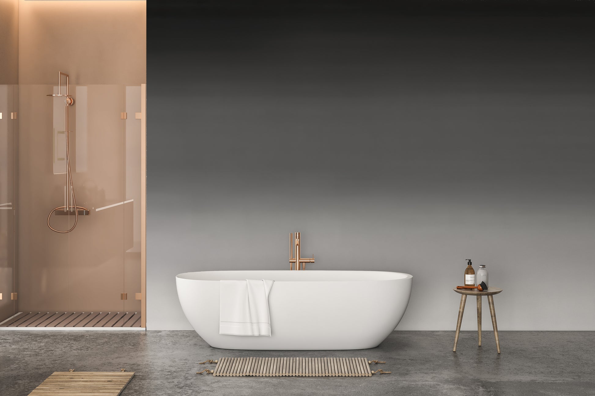 Mystic Dusk grey ombre wallpaper mural in a bathroom with white tub and copper shower behind a glass screen