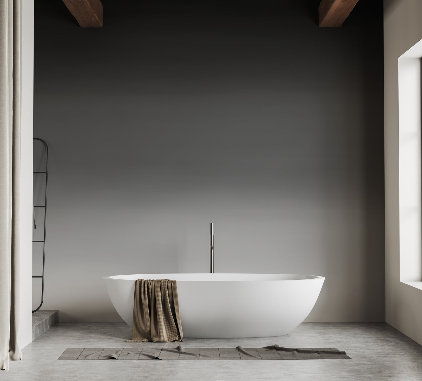Mystic Dusk wallpaper mural in dark-to-light grey ombre behind a white freestanding tub in a beamed bathroom