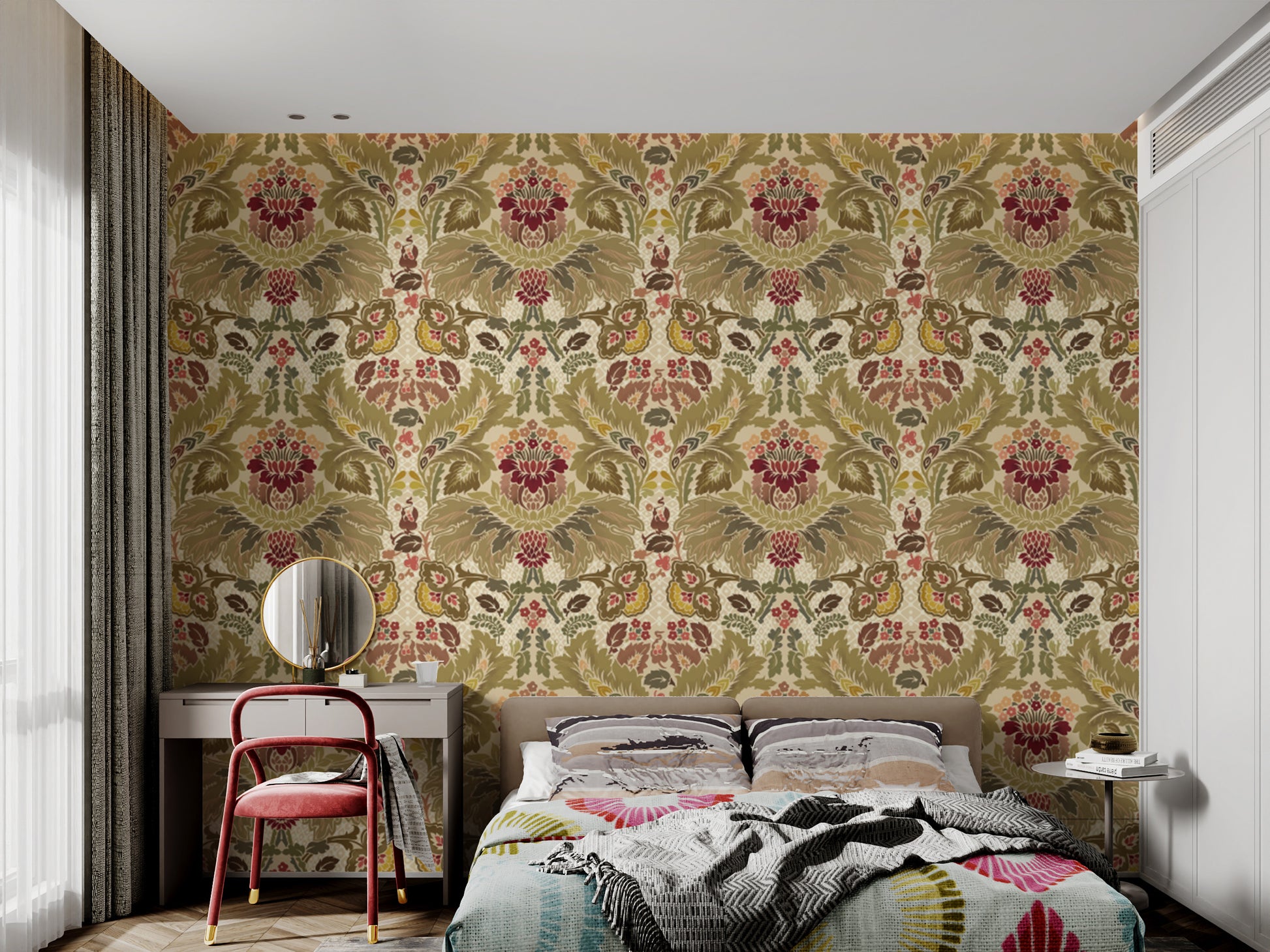 Regal Petals Damask wallpaper with ornate botanical details.
