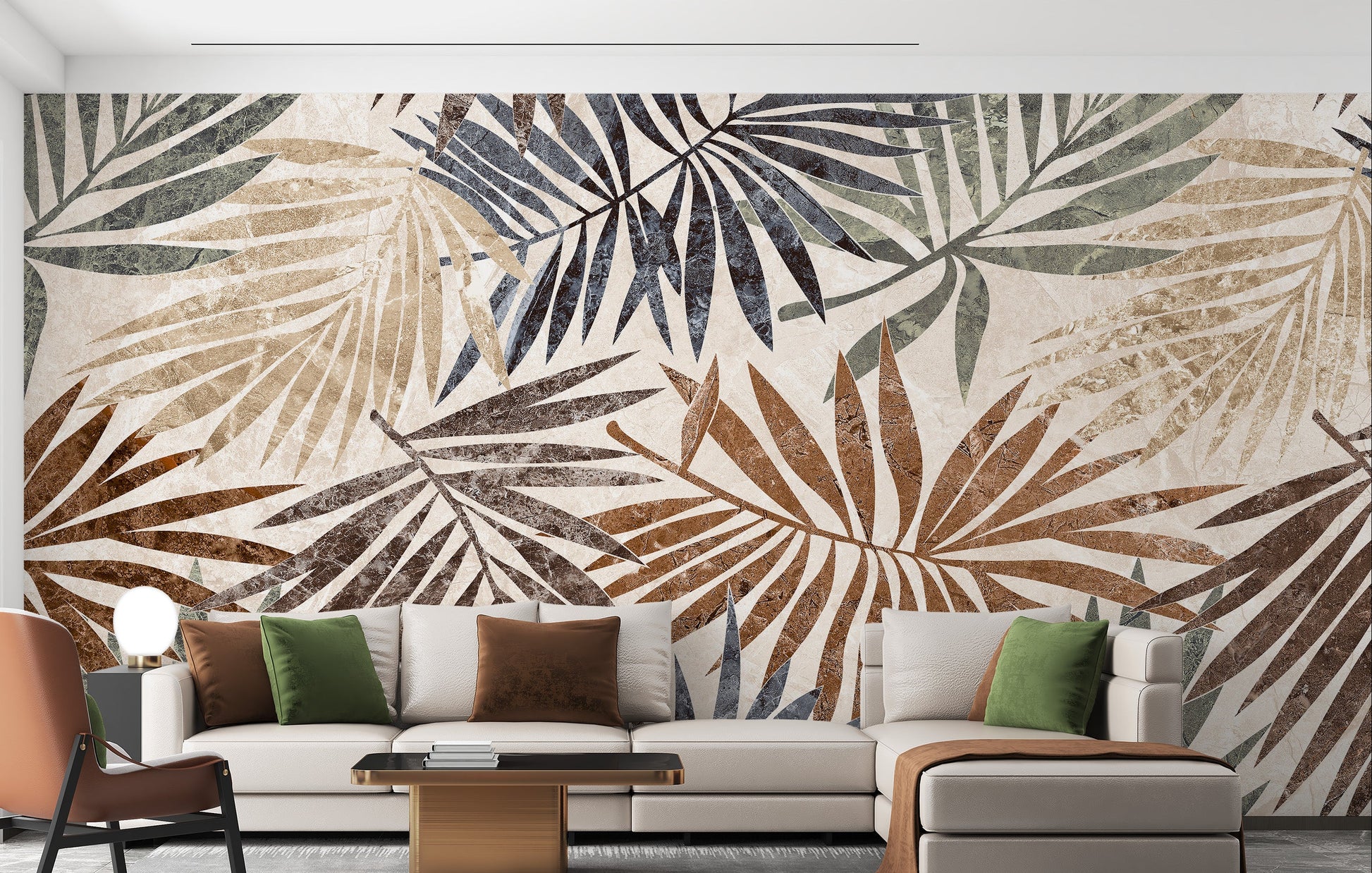 Rustic palm wall mural with weathered tropical leaf textures and earth tones wallpaper mural