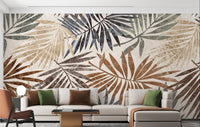 Rustic palm wall mural with weathered tropical leaf textures and earth tones wallpaper mural