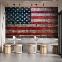 Temporary Rustic Steel American Flag Wall Mural in a stylish restaurant or cafe with white pedestal tables.