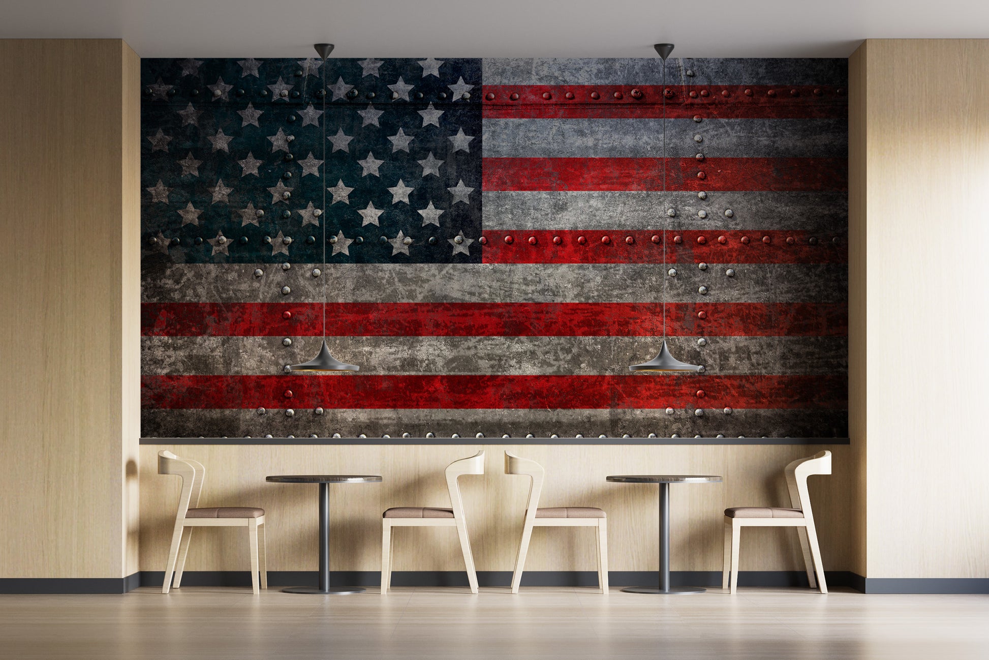 Removable Rustic Steel American Flag Wall Mural decorating a patriotic cafe wall with small white tables.