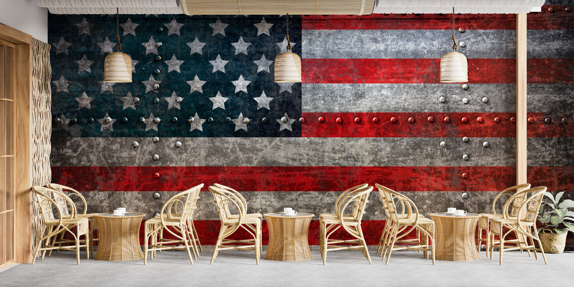 Cafe interior with a Rustic Steel American Flag Wall Mural on canvas texture and modern wooden stools.