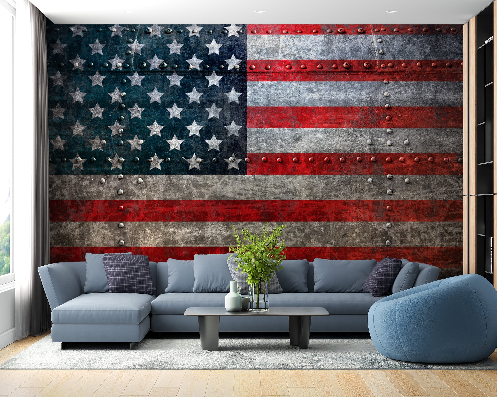 Rustic Steel American Flag Wall Mural in a living room with a blue sectional sofa using peel and stick material.