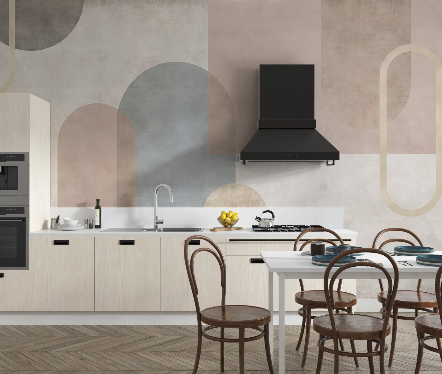Serene Geometry wall mural with neutral arches behind cream cabinets and a dining table in a bright kitchen