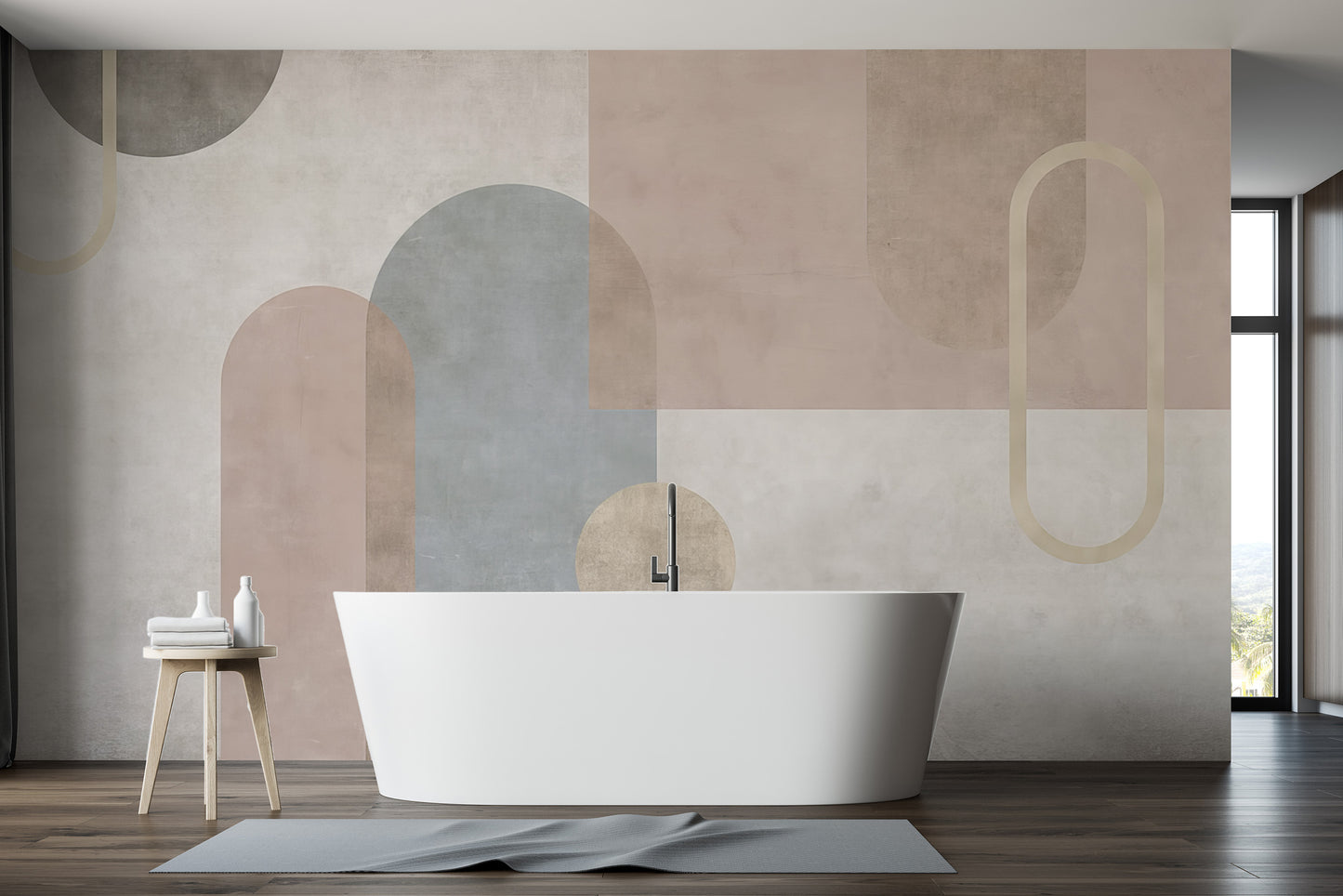 Serene Geometry wall mural in blush, grey and beige shapes behind a freestanding bathtub in a modern bathroom