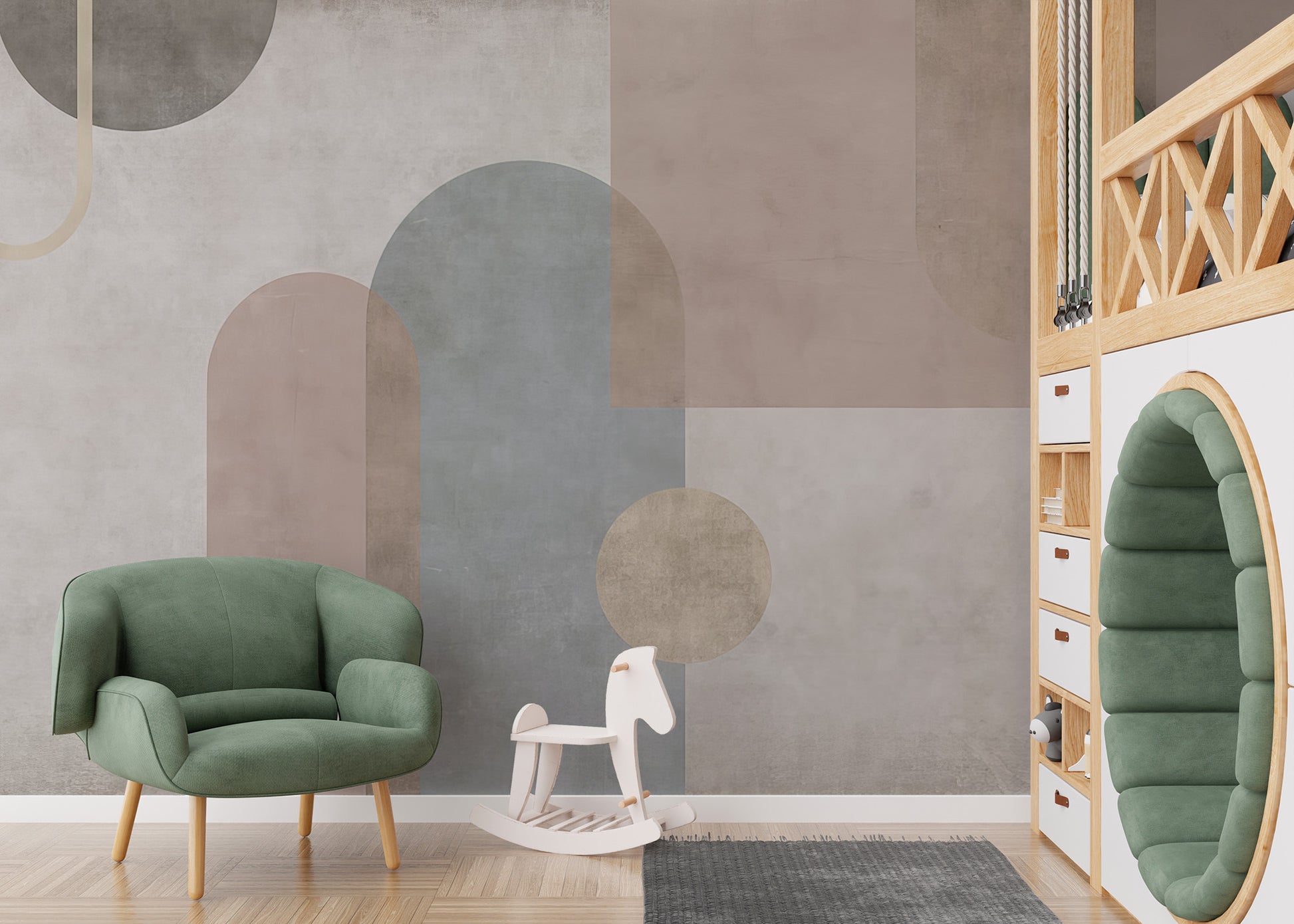 Serene Geometry wall mural with muted arches and circles behind a green velvet armchair and white rocking horse