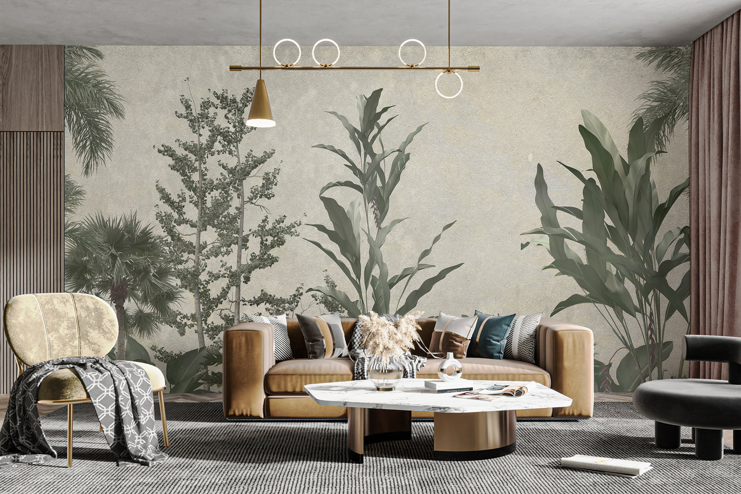 Verdant Valleys wallpaper mural of green botanical scenery behind a camel sofa and cream armchair
