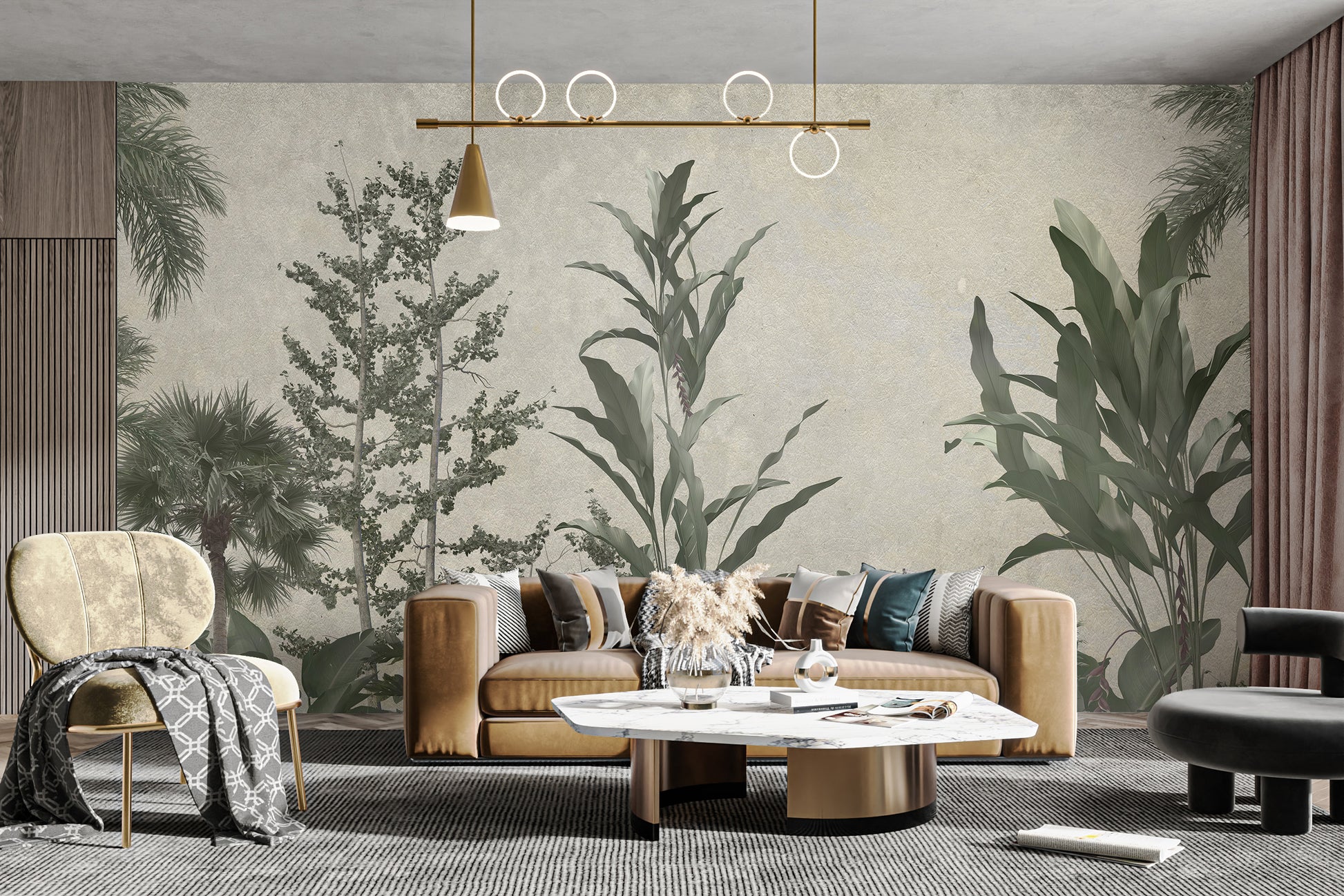 Verdant Valleys wallpaper mural of green botanical scenery behind a camel sofa and cream armchair