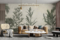 Verdant Valleys wallpaper mural of green botanical scenery behind a camel sofa and cream armchair