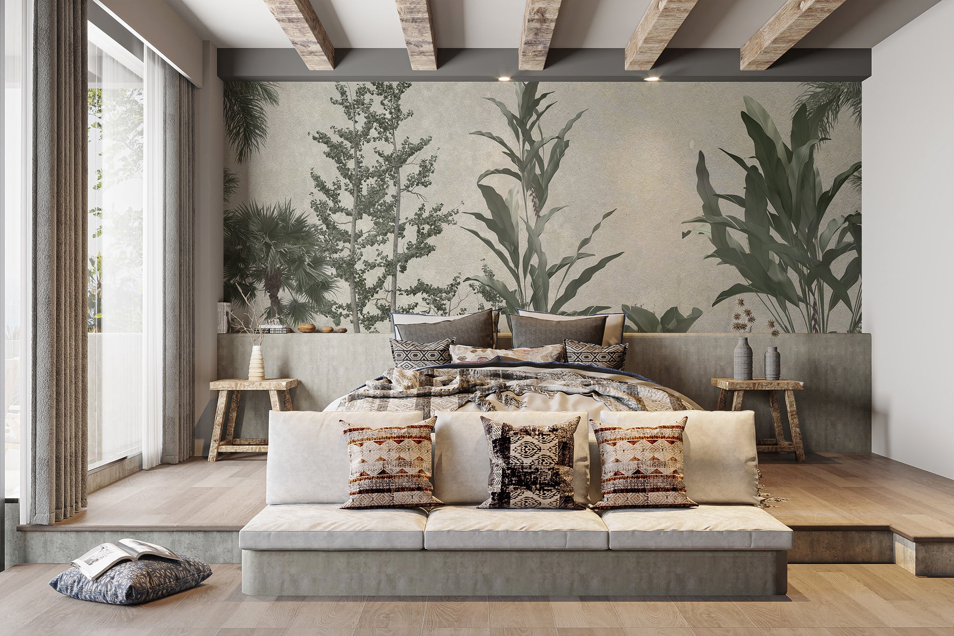 Verdant Valleys wallpaper mural of green trees and leafy plants behind a low platform bed under wood beams