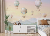 Kids mural wallpaper: hot air balloons floating art