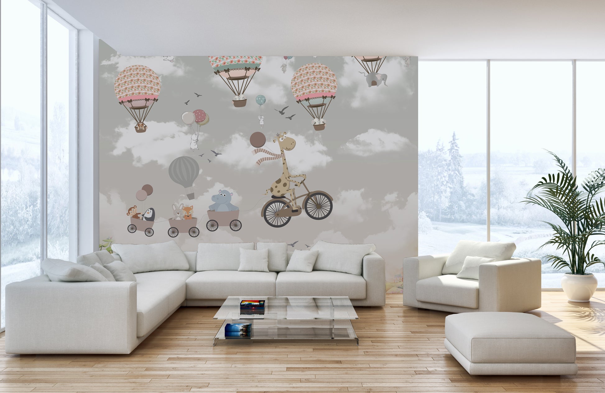 Dreamy Nursery Animal Adventure wallpaper mural styled along a hallway feature wall near a console in gray tones