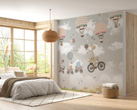 Dreamy Nursery Animal Adventure wallpaper mural as a feature wall in a home office workspace in gray tones