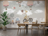 Dreamy Nursery Animal Adventure wallpaper mural styled as a feature wall behind a dining table and chairs in gray tones